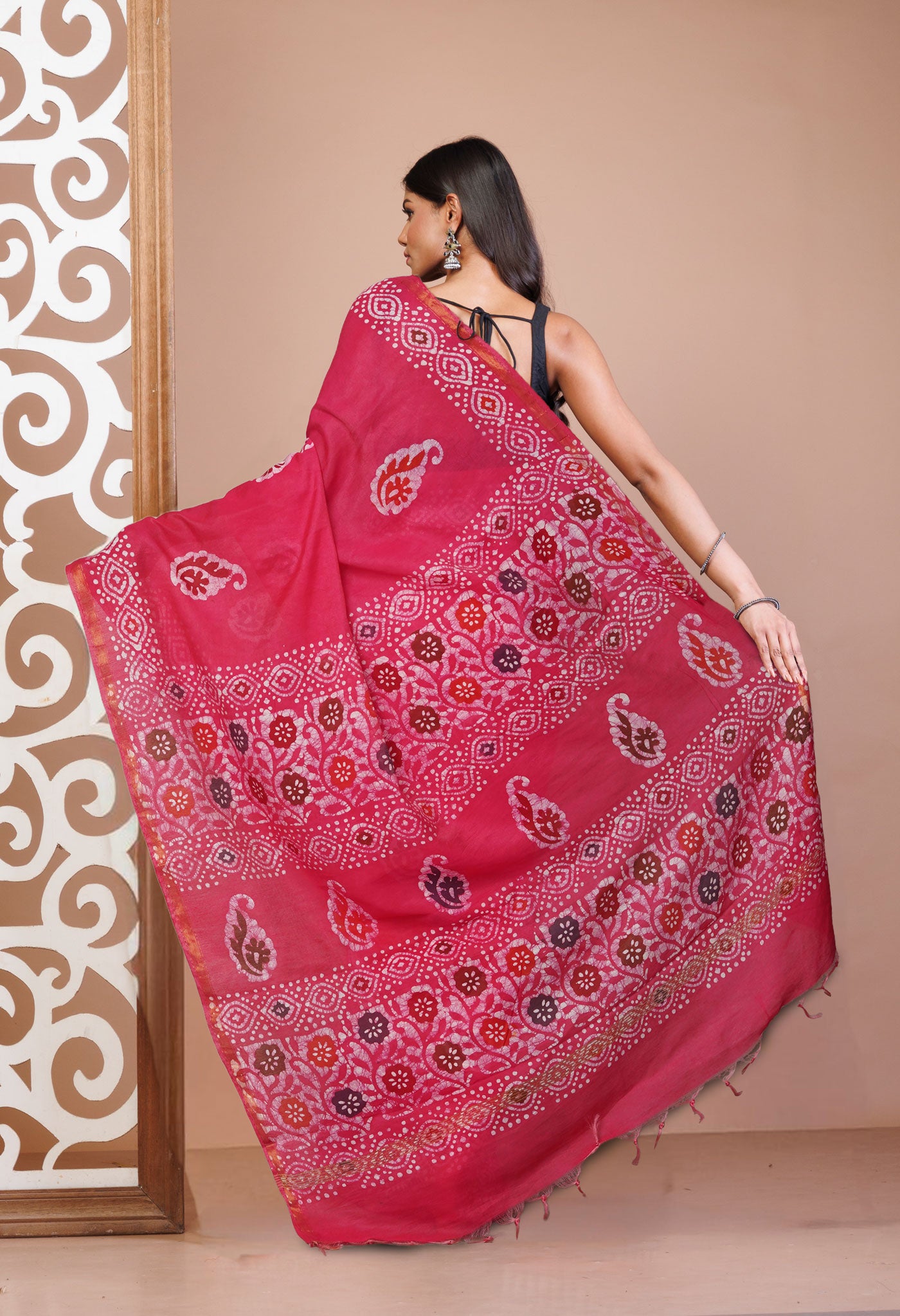 Pink Hand Block Wax Batik Printed Mercerized Chanderi Sico Saree-UNM74699