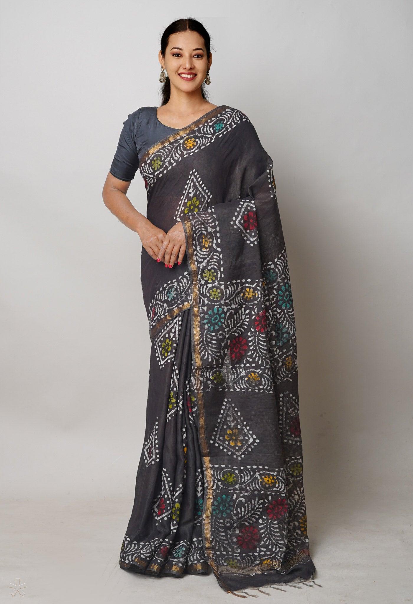 Black Hand Block Printed Chanderi Sico Saree