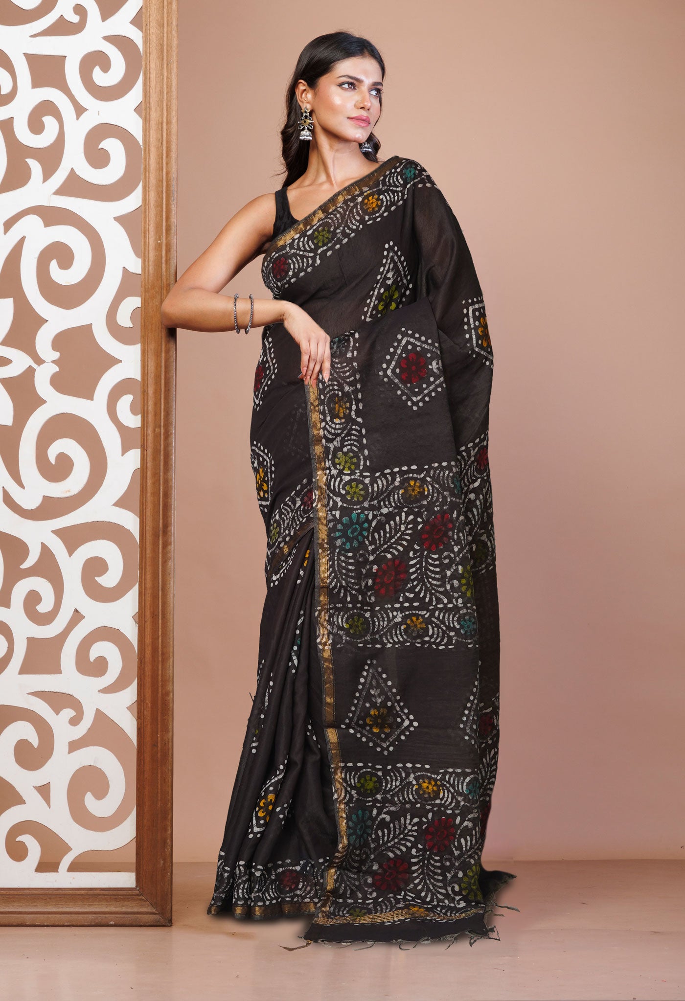 Black Hand Block Printed Chanderi Sico Saree-UNM74700