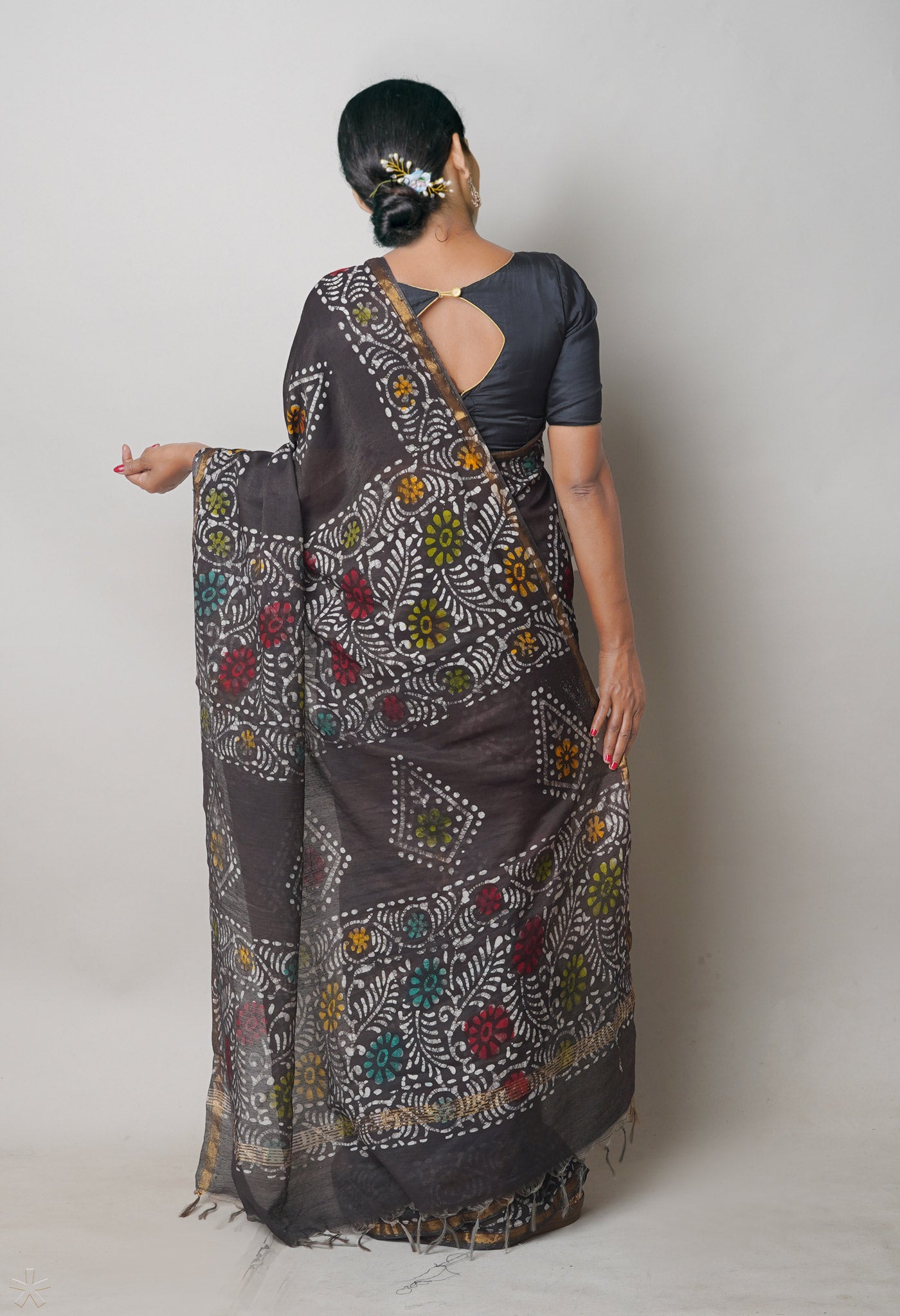 Black Hand Block Printed Chanderi Sico Saree