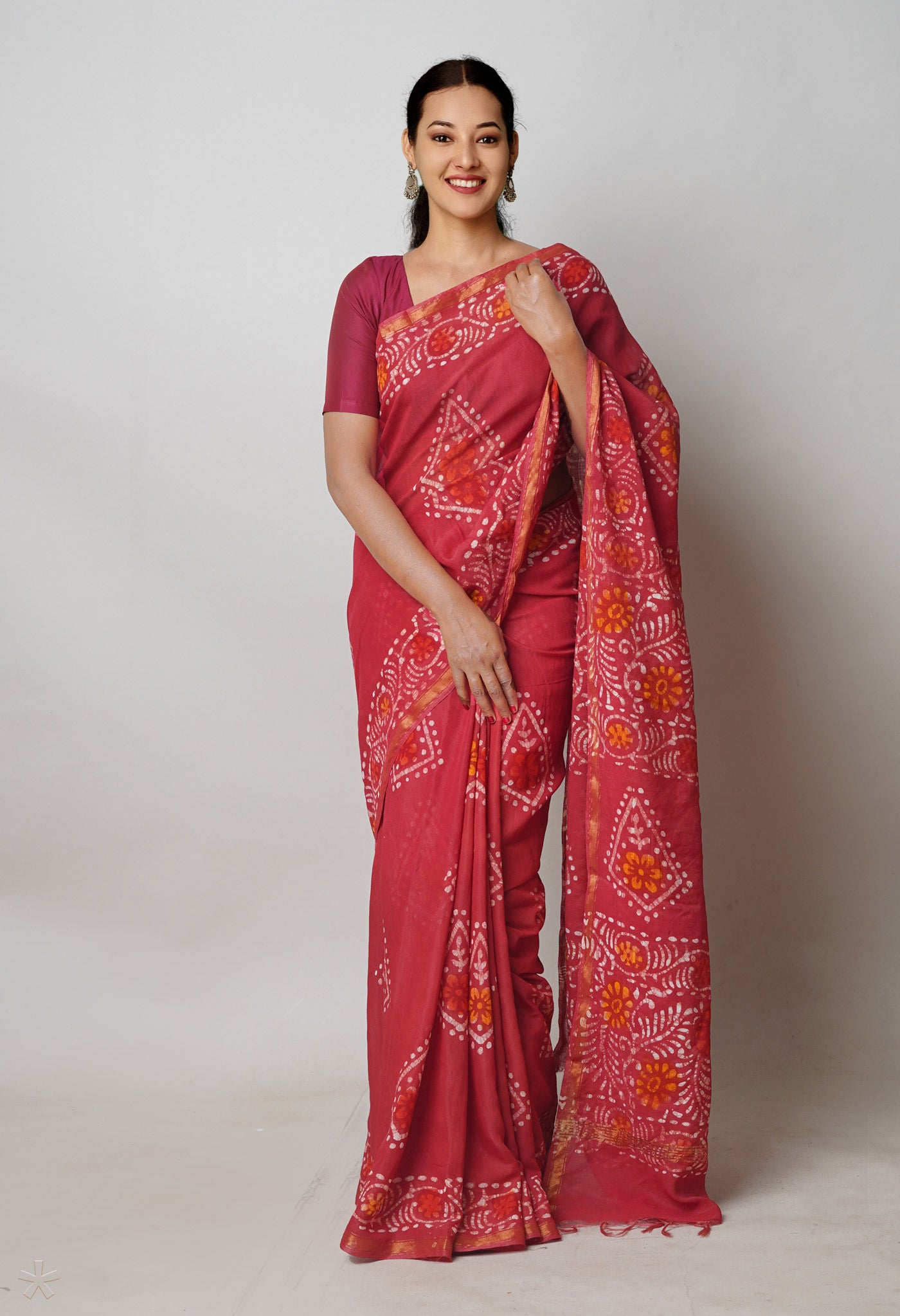 Red Batik Printed Chanderi Sico Saree