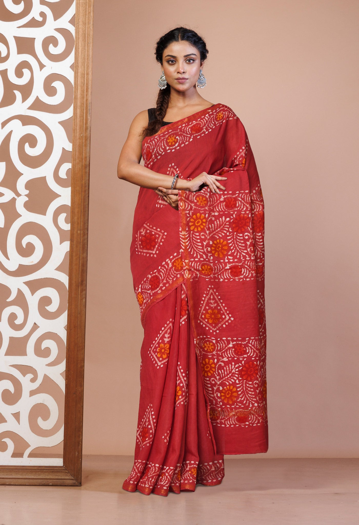 Red Batik Printed Chanderi Sico Saree-UNM74703