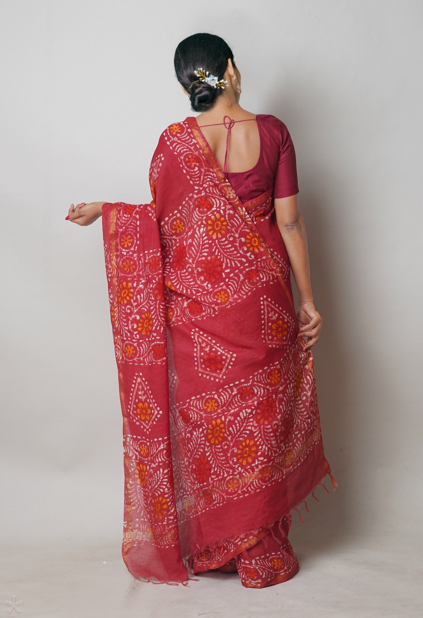 Red Batik Printed Chanderi Sico Saree