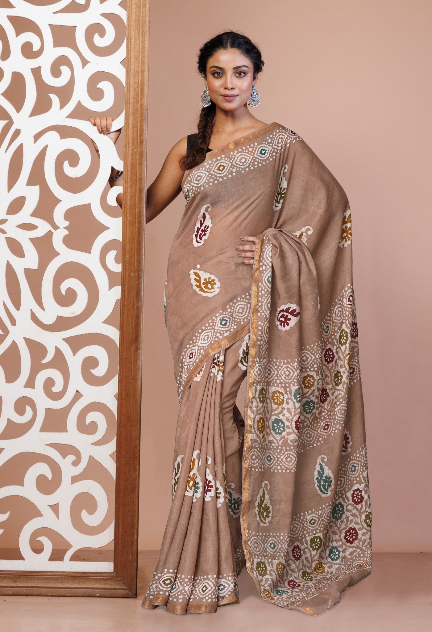 Brown Hand Block Printed Chanderi Sico Saree-UNM74704