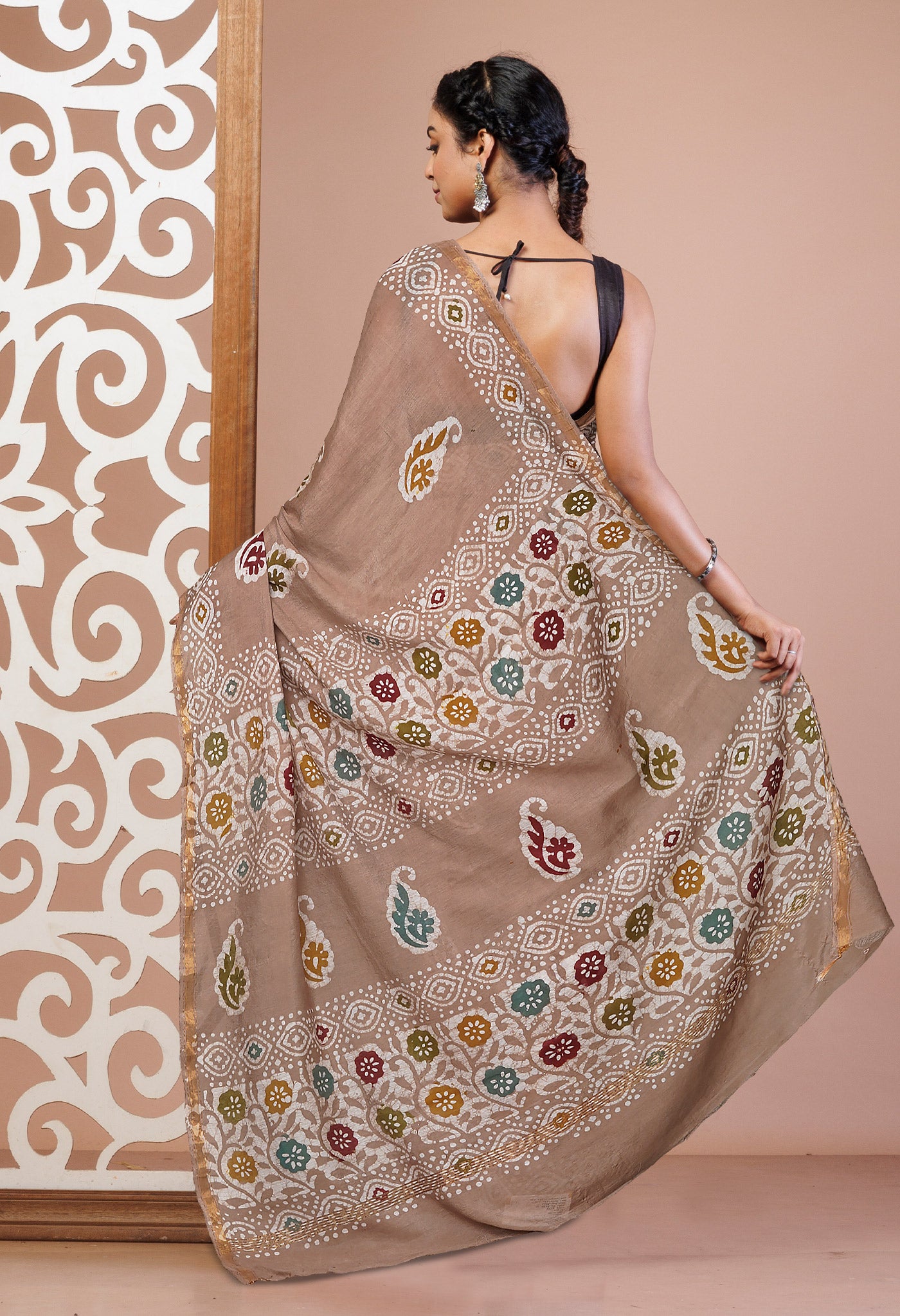 Brown Hand Block Printed Chanderi Sico Saree-UNM74704