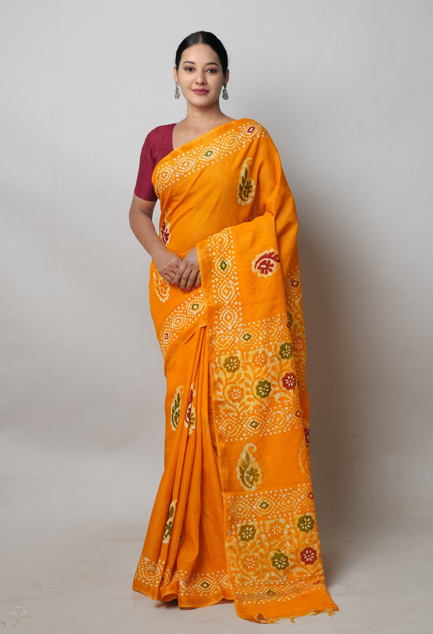 Yellow Hand Block Printed Chanderi Sico Saree