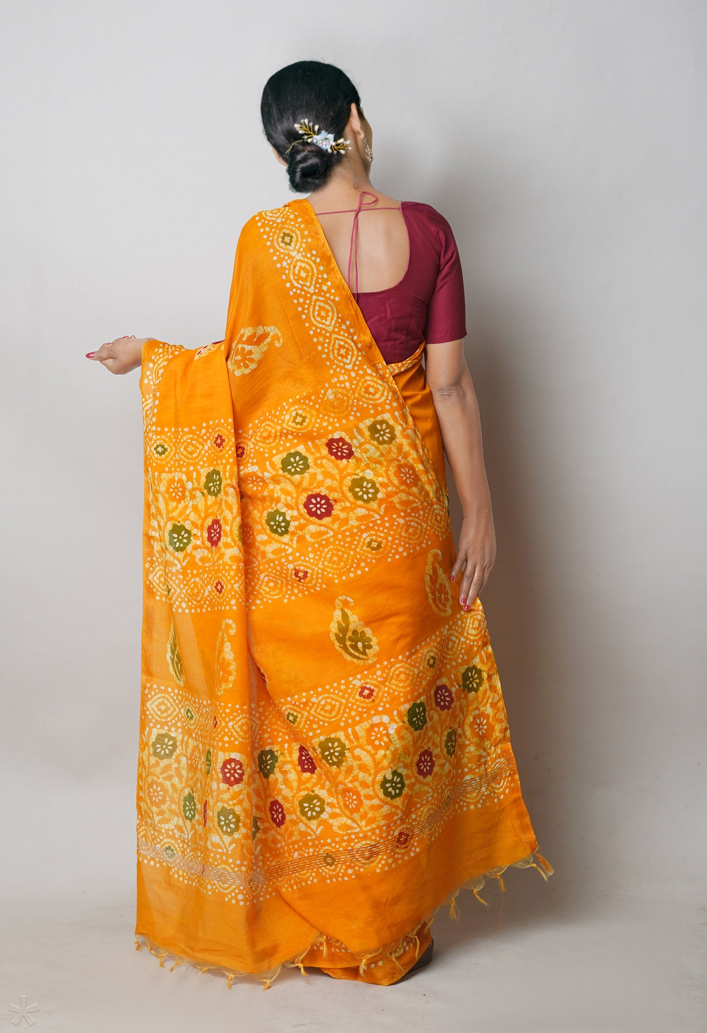 Yellow Hand Block Printed Chanderi Sico Saree