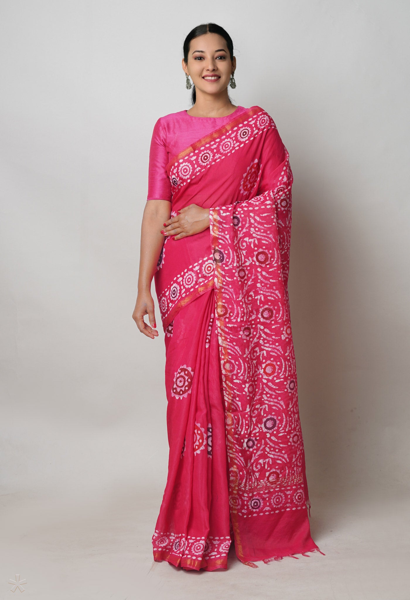 Pink Hand Block Wax Batik Printed Mercerized Chanderi Sico Saree