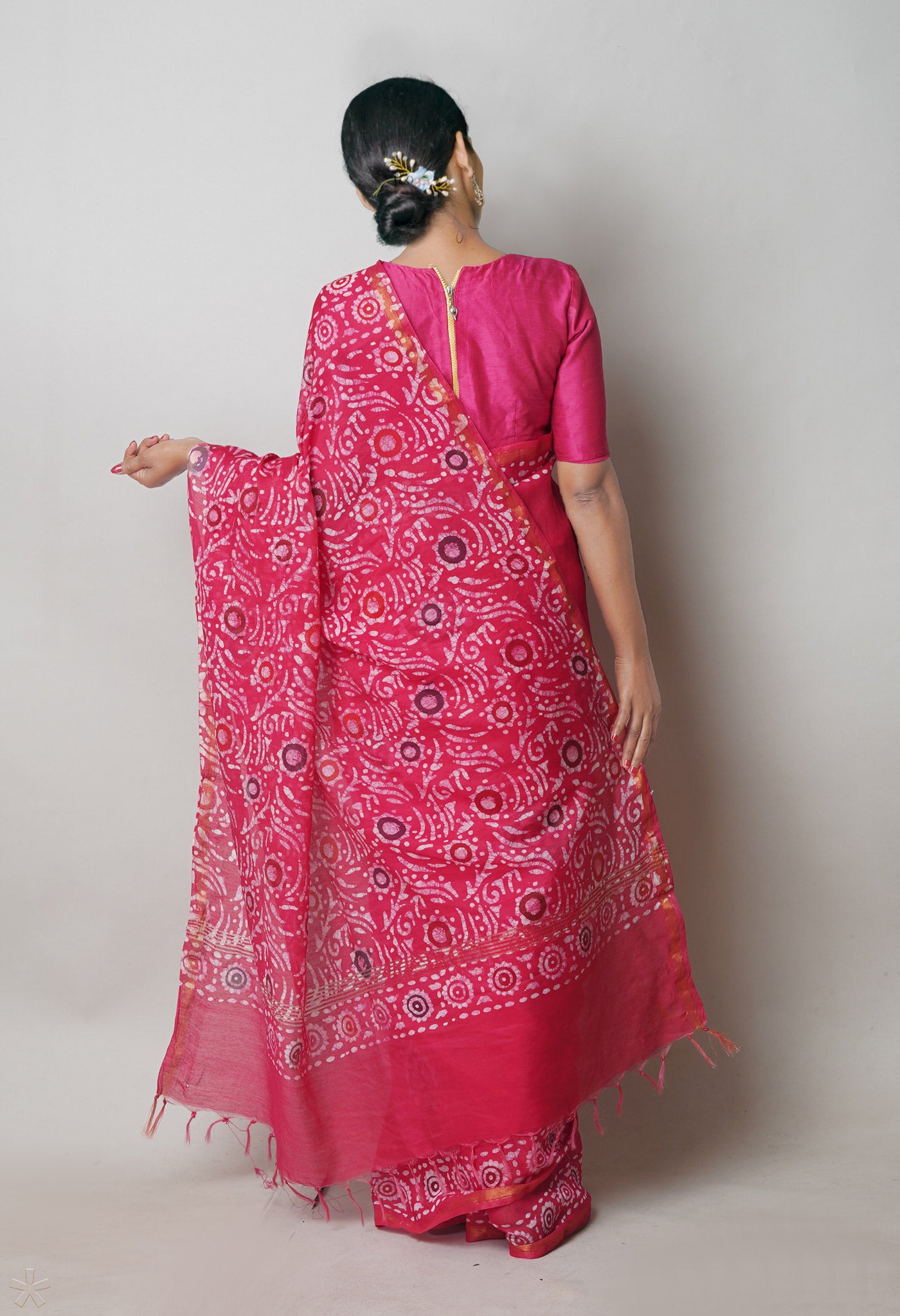 Pink Hand Block Wax Batik Printed Mercerized Chanderi Sico Saree