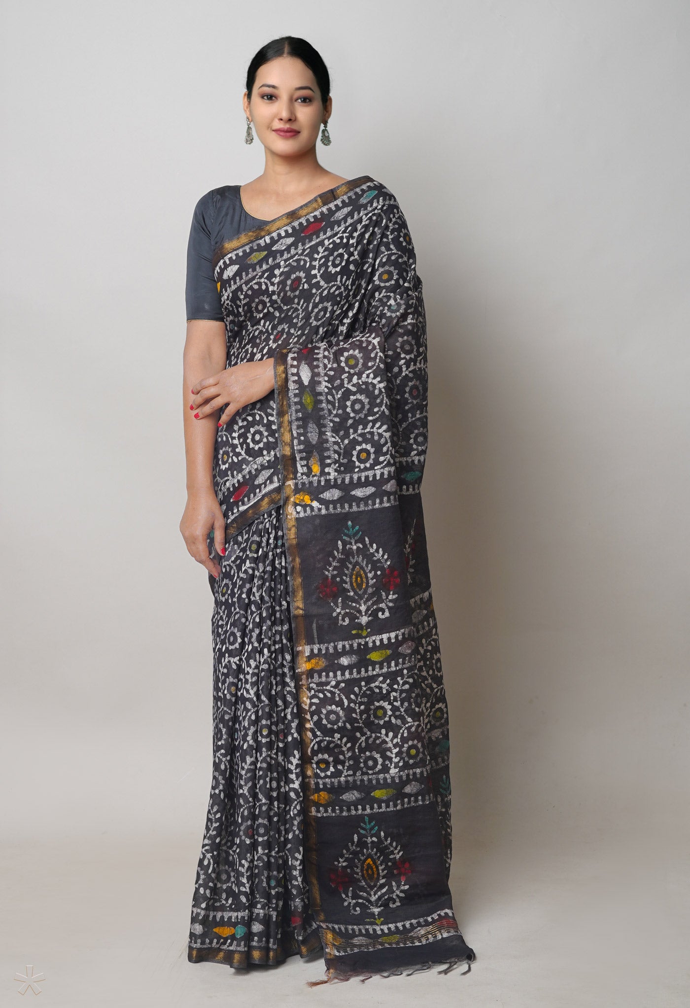 Black Hand Block Printed Chanderi Sico Saree