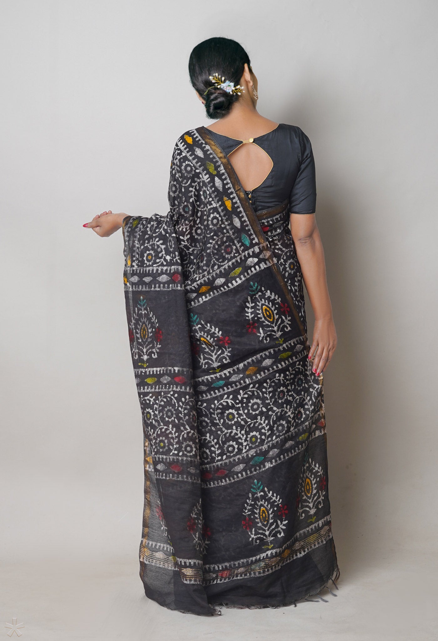 Black Hand Block Printed Chanderi Sico Saree