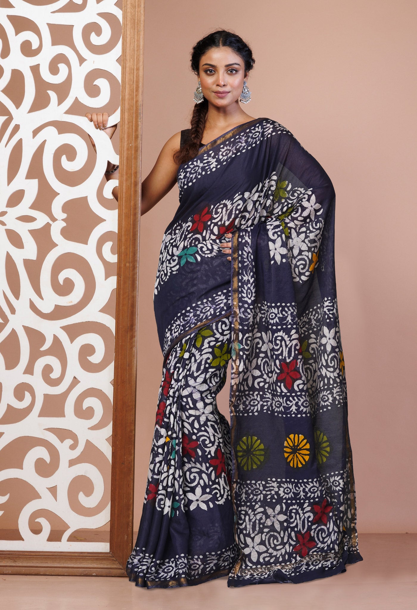 Navy Blue Hand Block Wax Batik Printed Mercerized Chanderi Sico Saree-UNM74715