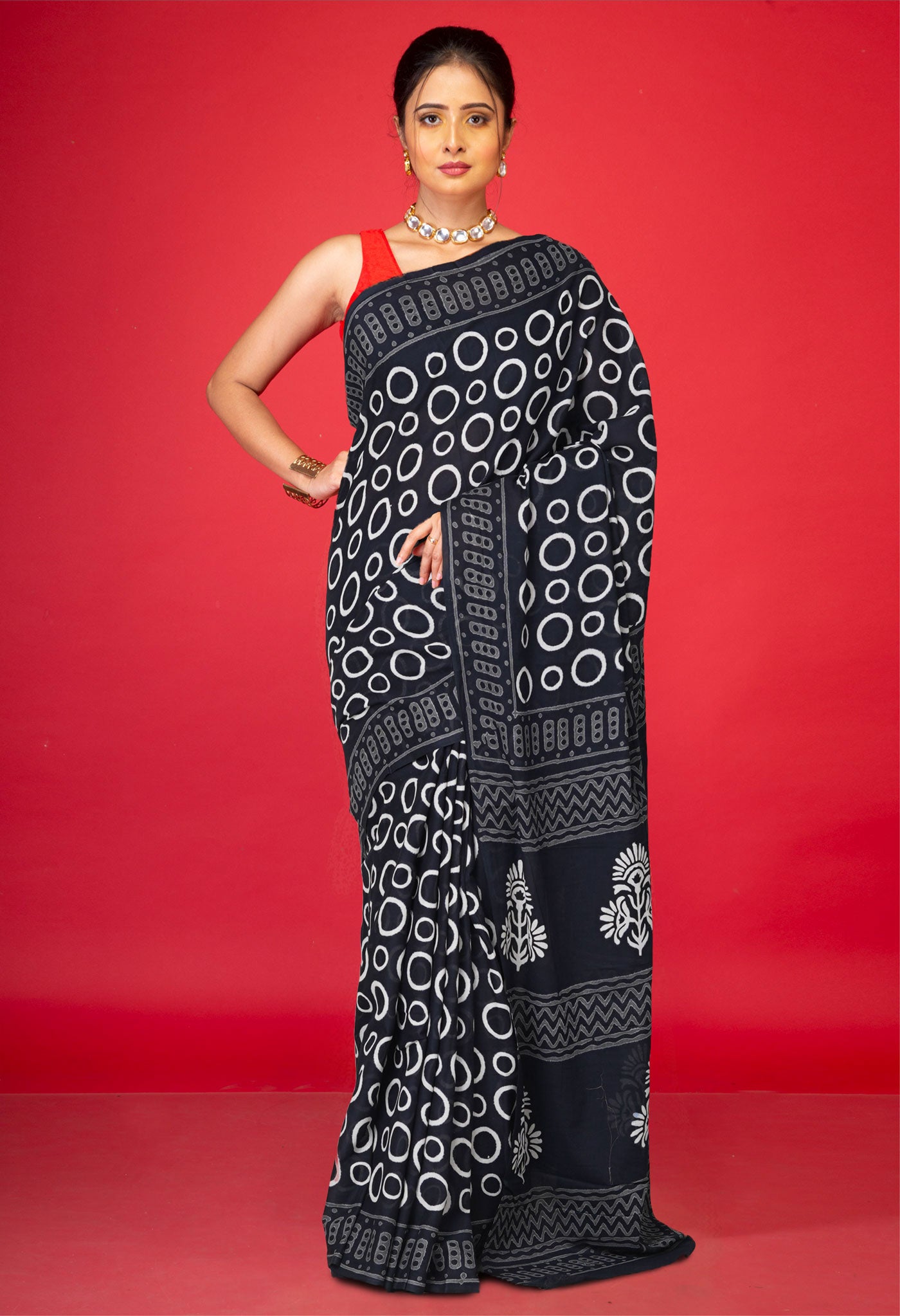 Black Pure Hand Block Printed Soft Cotton Saree-UNM74722