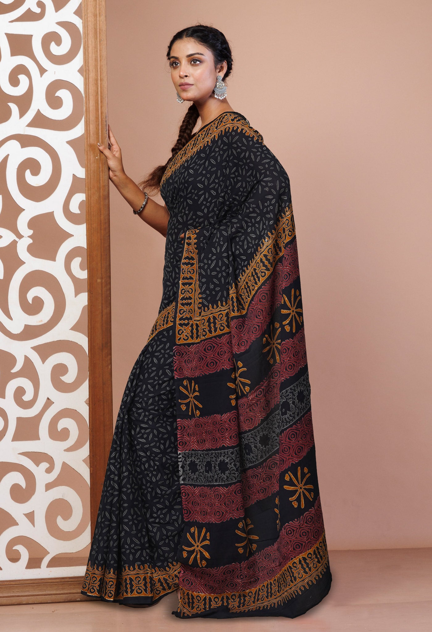 Black Pure Hand Block Printed Soft Cotton Saree-UNM74740