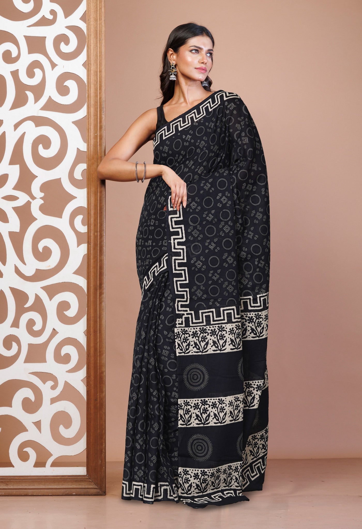 Black Pure Hand Block Printed Soft Cotton Saree-UNM74741