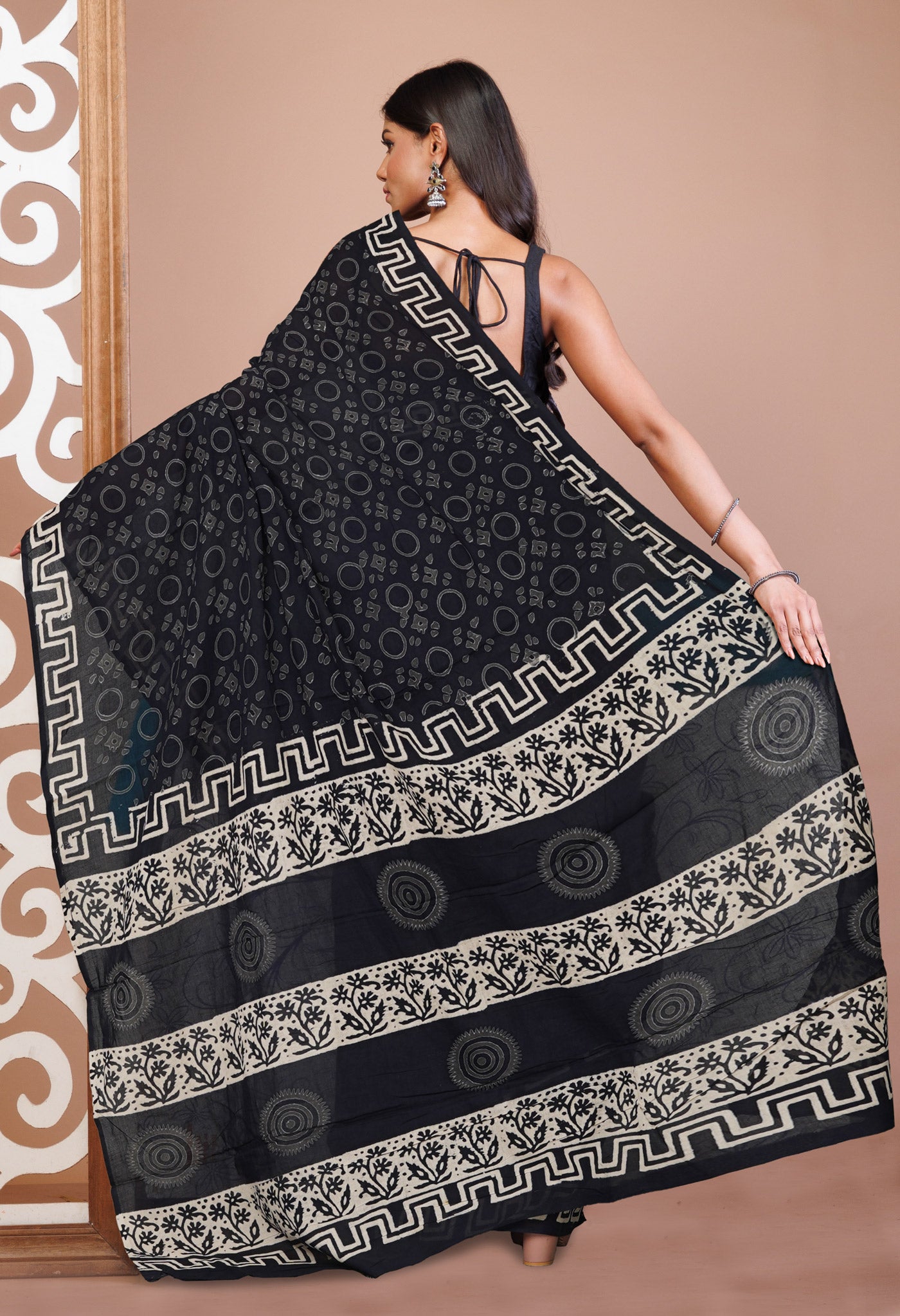 Black Pure Hand Block Printed Soft Cotton Saree-UNM74741