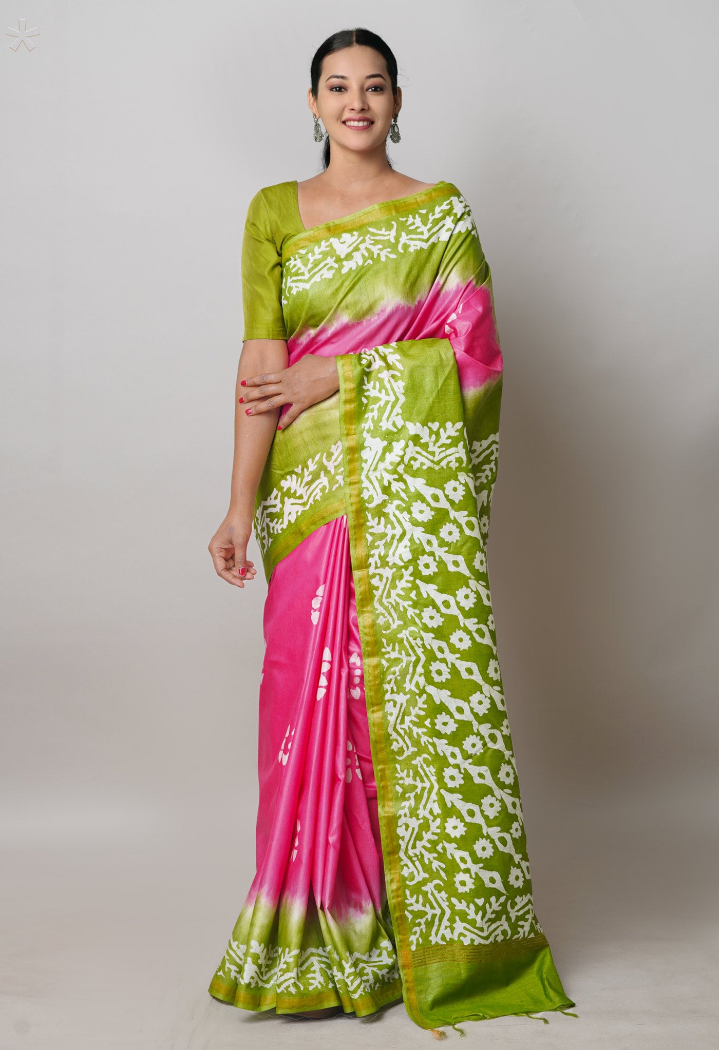 Pink Pure Batik Printed Chanderi Sico Saree