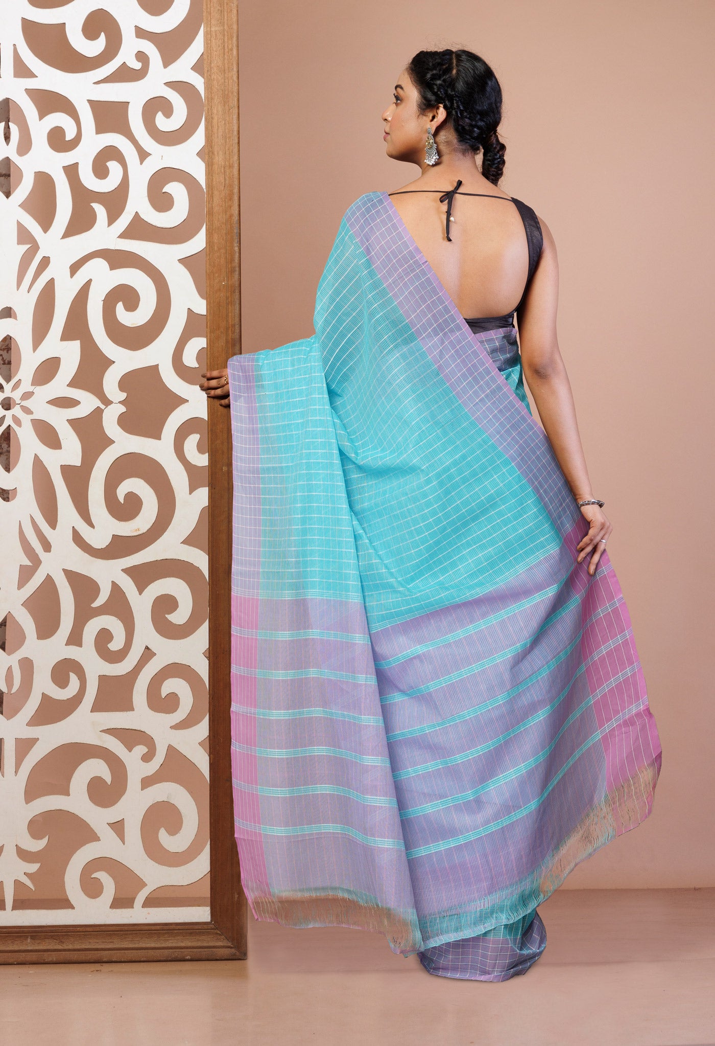 Blue Pure Mangalgiri With Checks Cotton Saree-UNM74850