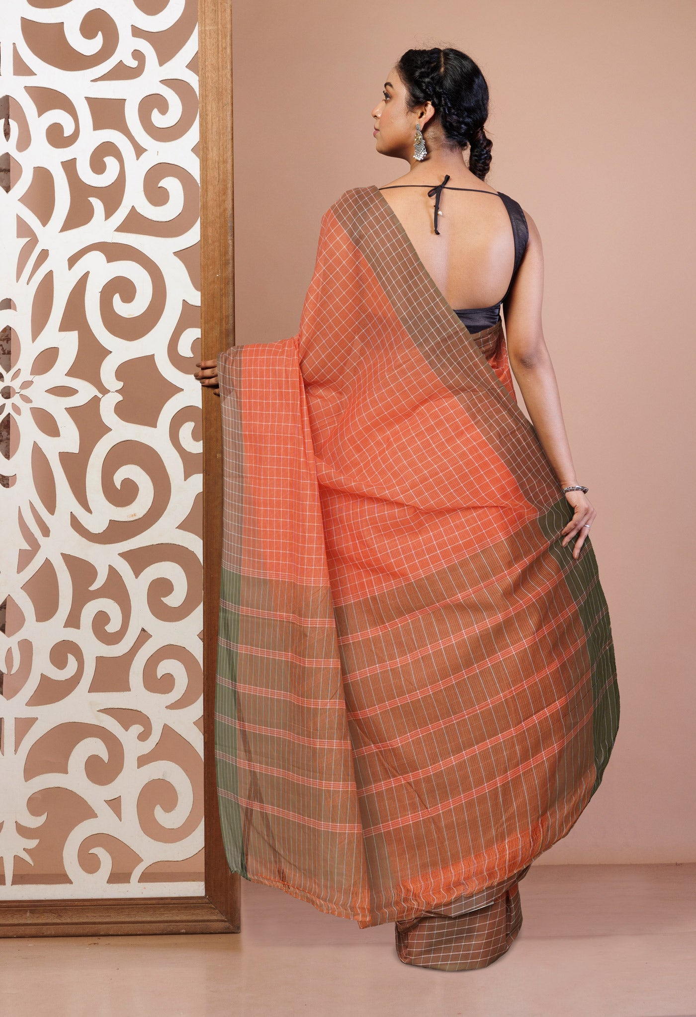 Orange Pure Mangalgiri With Checks Cotton Saree-UNM74852