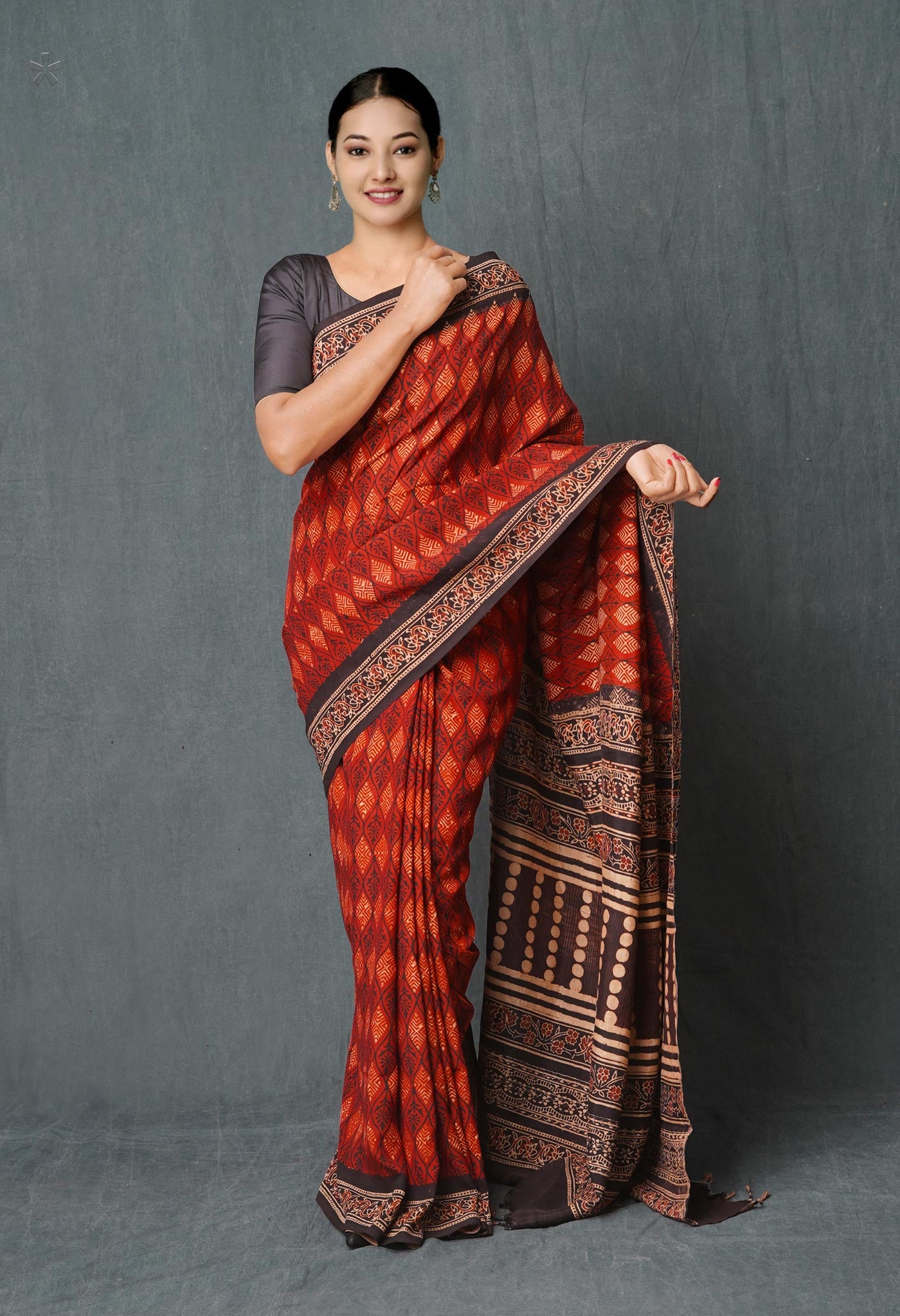 Maroon Ajrakh Hand Block Printed Chanderi Silk Saree