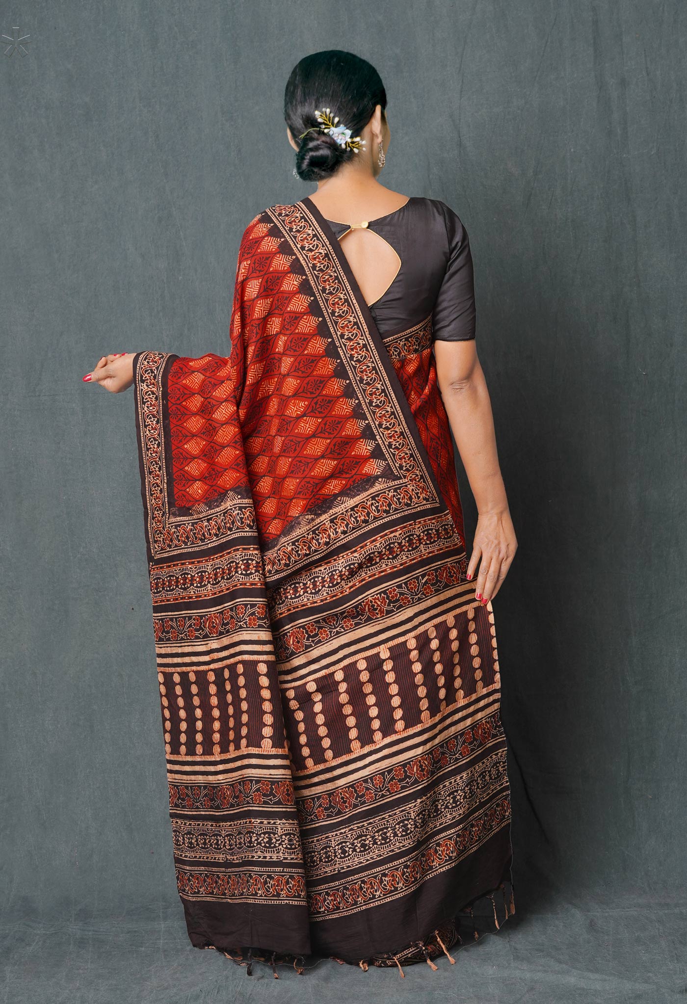 Maroon Ajrakh Hand Block Printed Chanderi Silk Saree