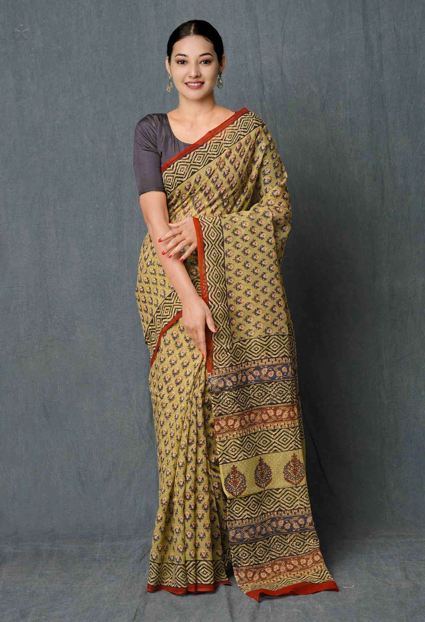 Pale Green Pure  Ajrakh Hand Block Printed Kota Cotton Saree-UNM74878