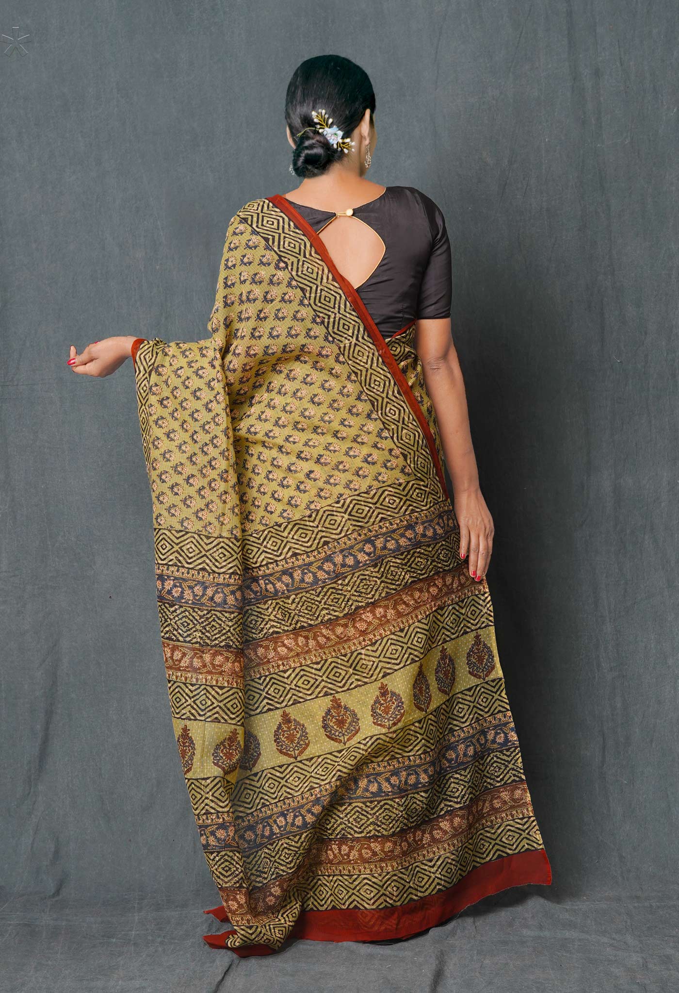 Pale Green Pure  Ajrakh Hand Block Printed Kota Cotton Saree-UNM74878