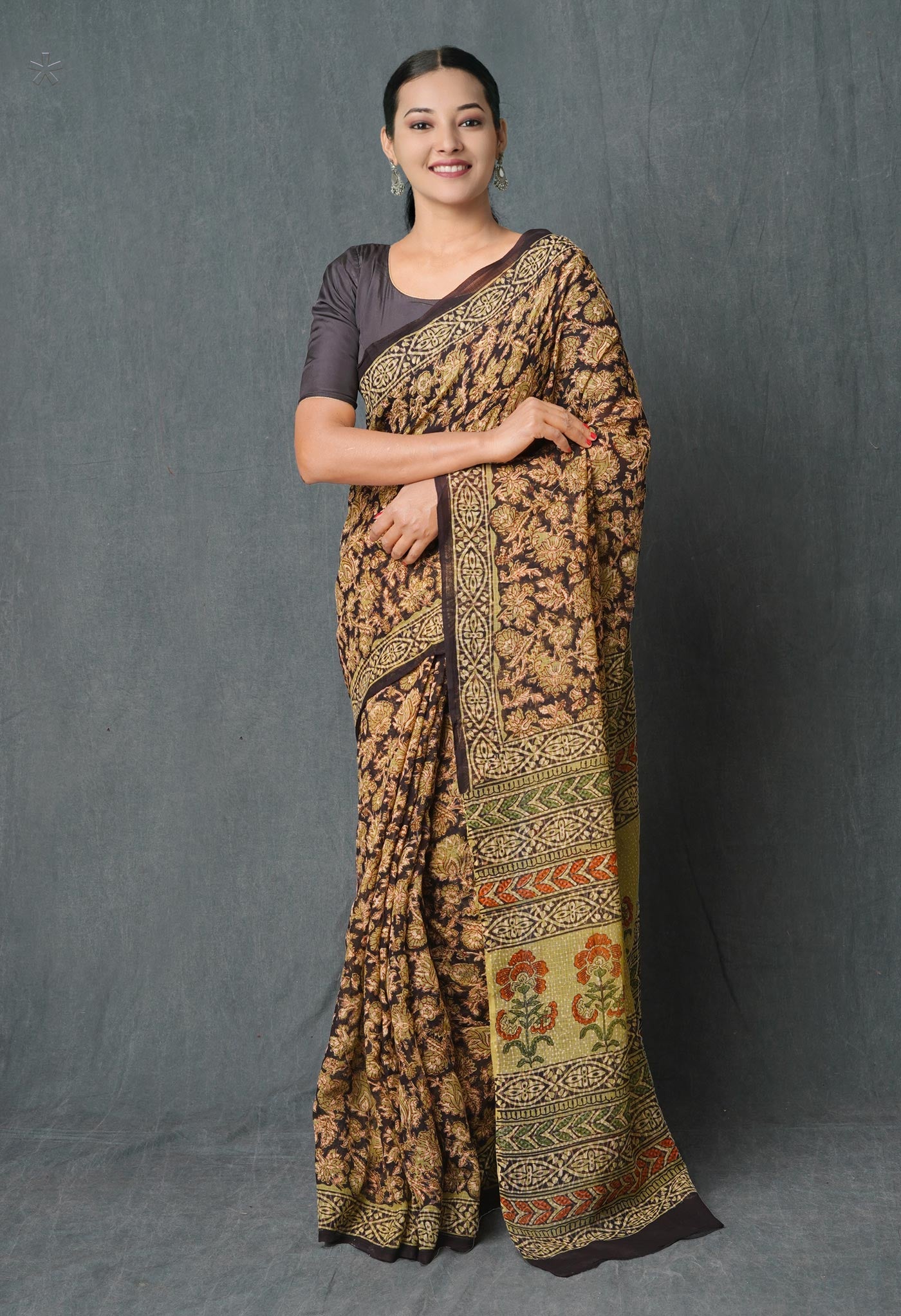 Pale Green Pure  Ajrakh Hand Block Printed Kota Cotton Saree-UNM74881