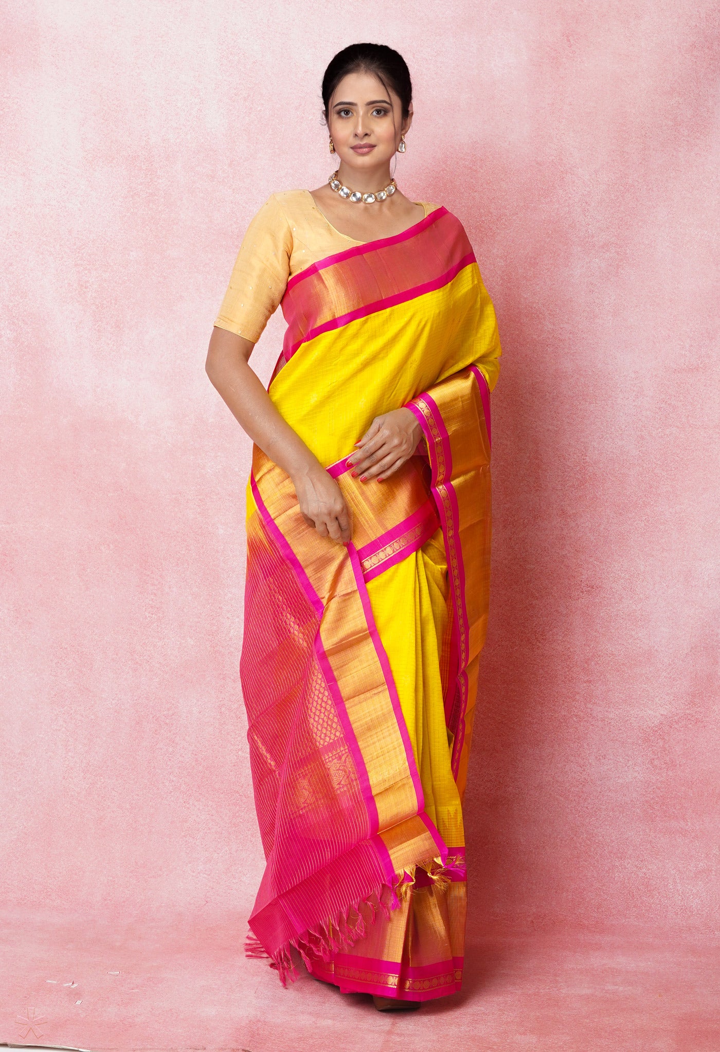 Yellow-Pink Pure Handloom Kanjivaram Silk Saree