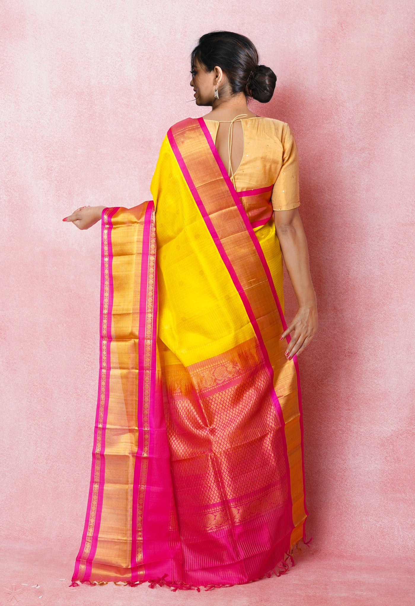 Yellow-Pink Pure Handloom Kanjivaram Silk Saree