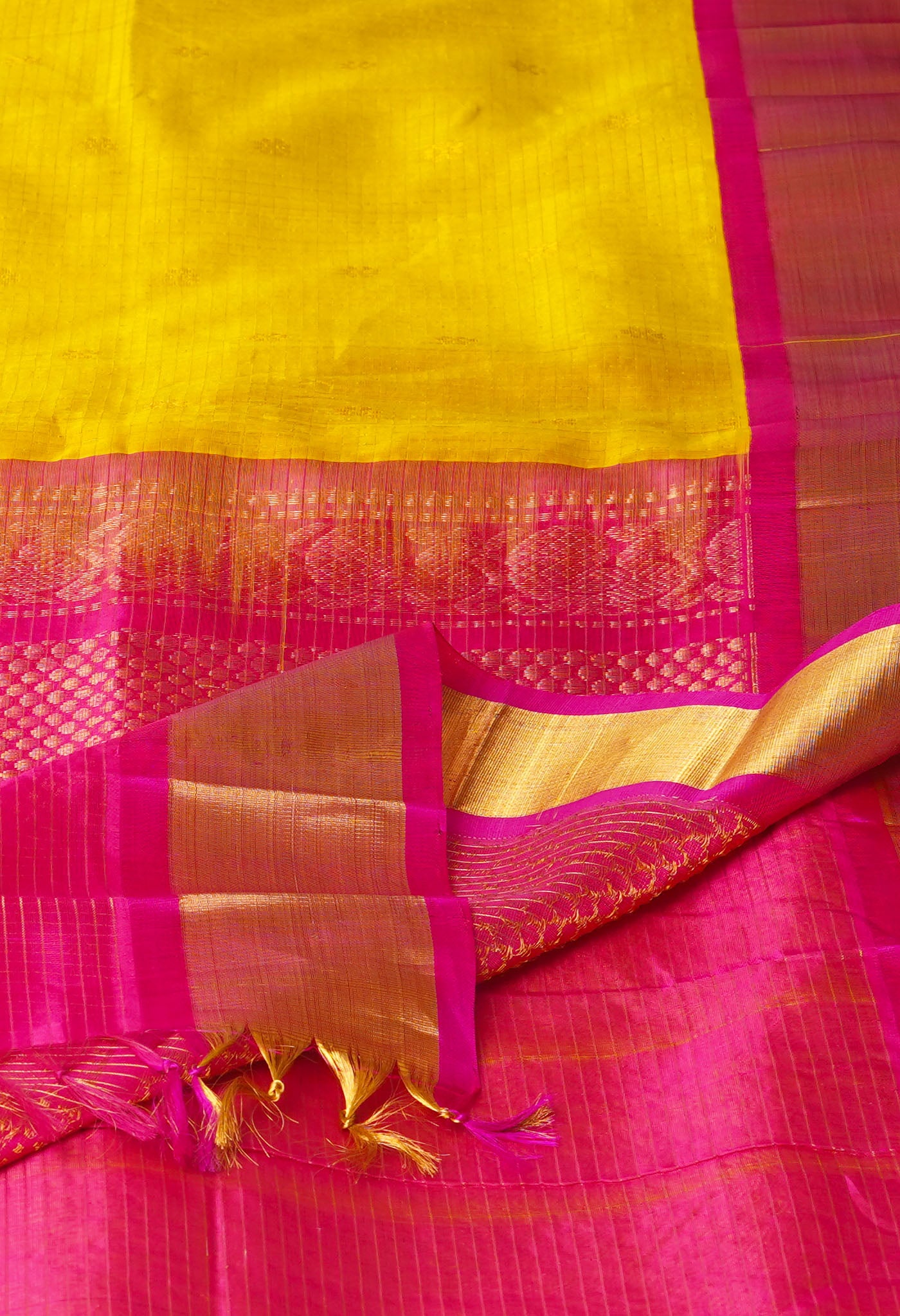 Yellow-Pink Pure Handloom Kanjivaram Silk Saree