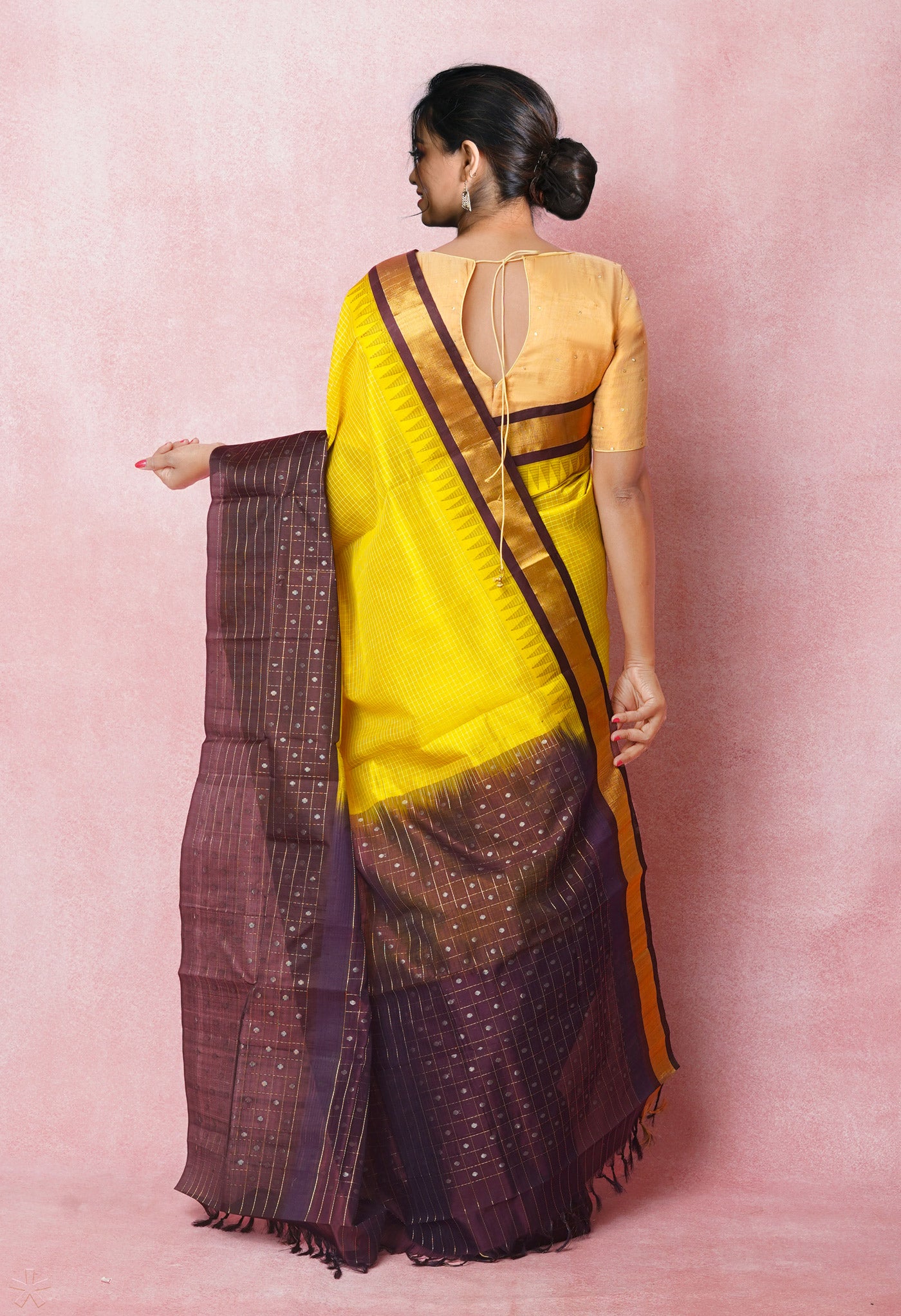 YellowDark Cohocolate Brown Pure Handloom Assam With Checks Weaving Silk Saree-UNM74943