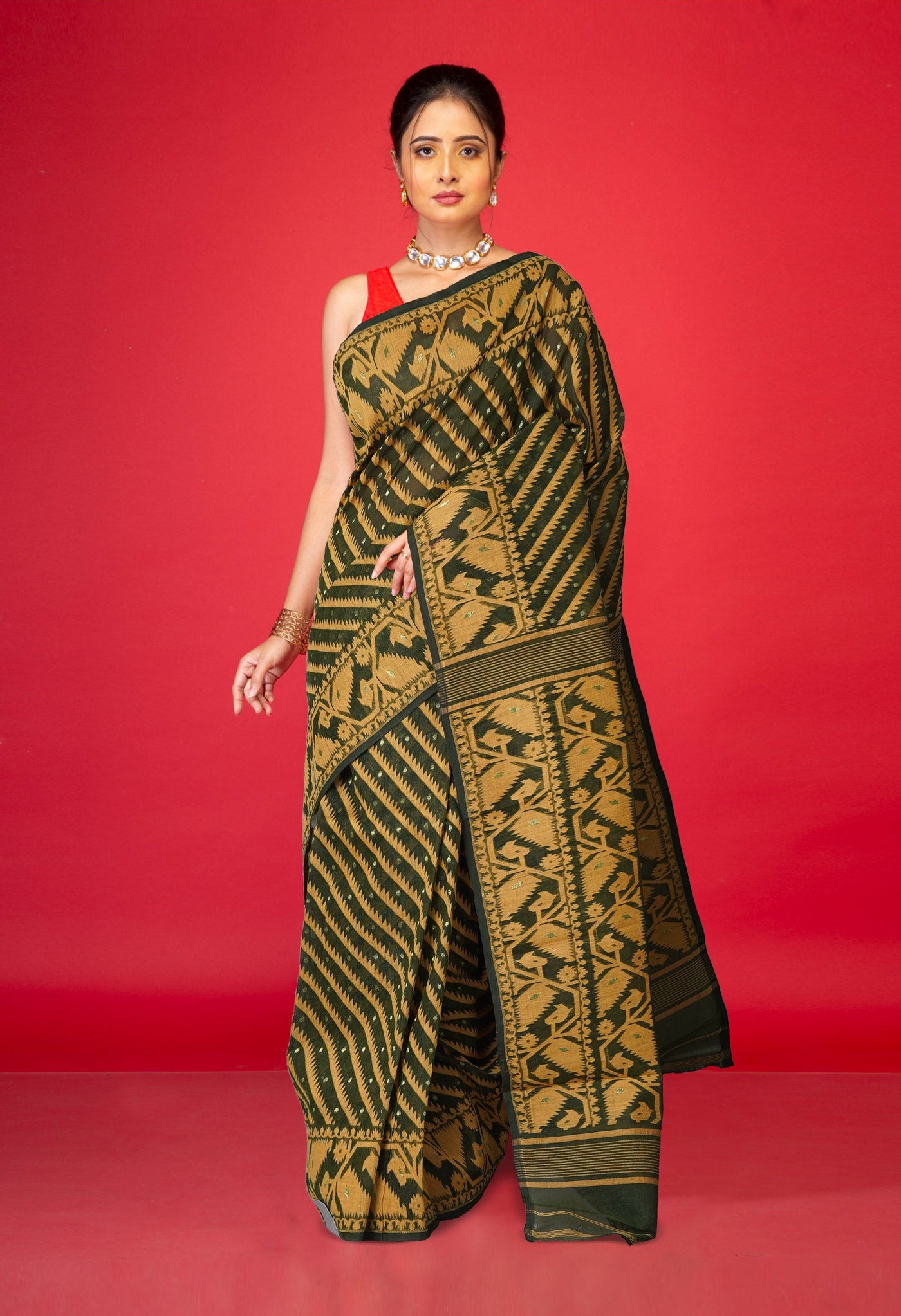 Olive Green Pure Jamdhani Bengal Cotton Saree-UNM75205