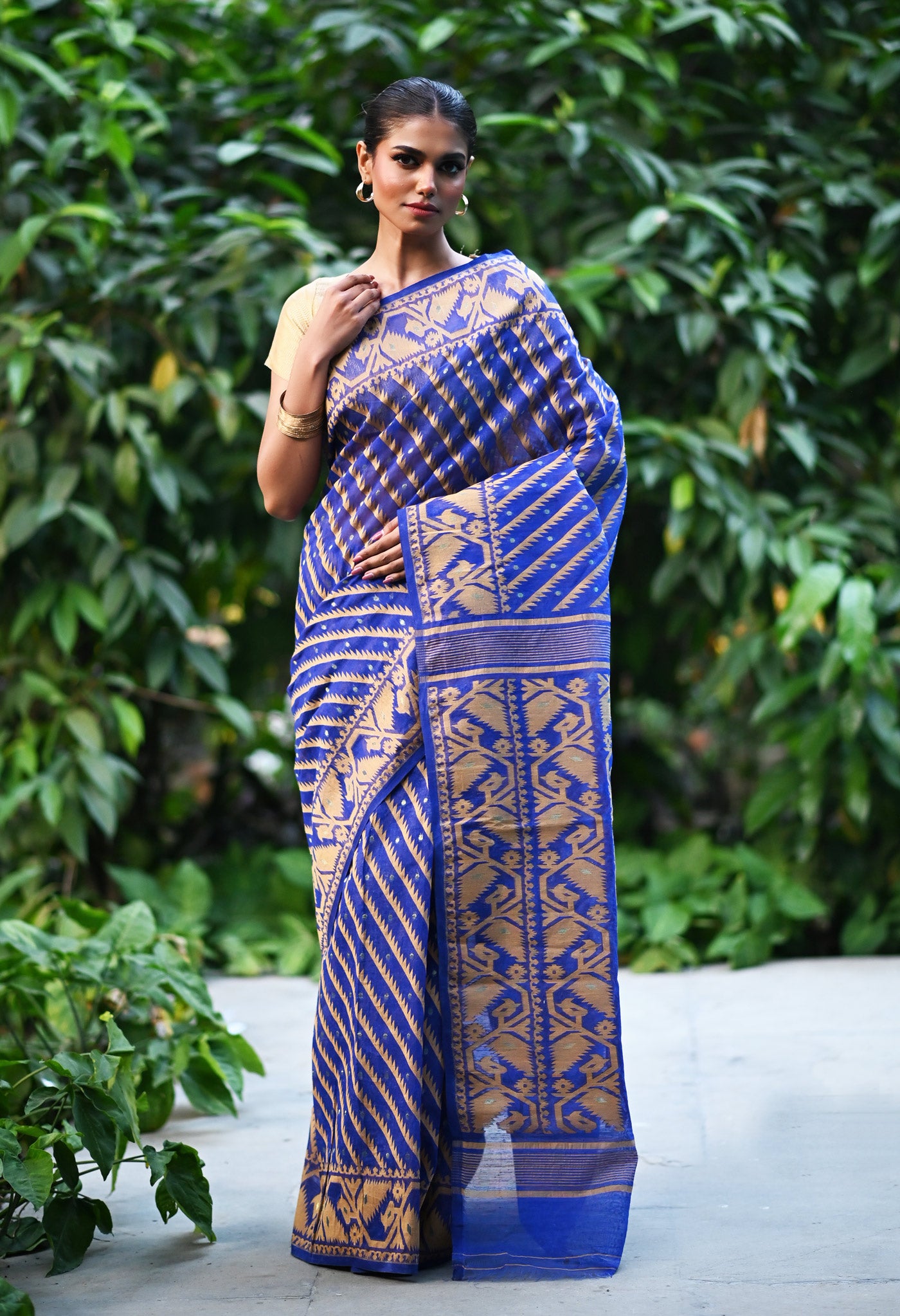 Blue Pure Jamdhani Bengal Cotton Saree-UNM75210