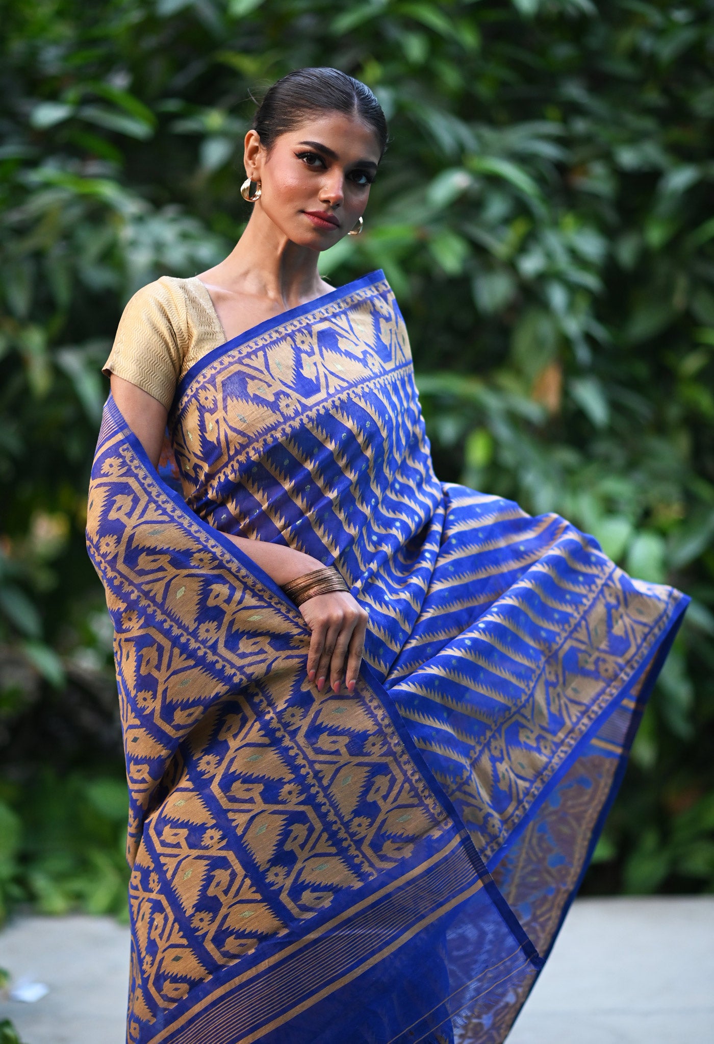 Blue Pure Jamdhani Bengal Cotton Saree-UNM75210