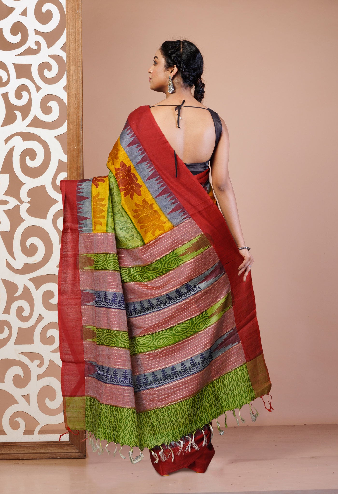 Green Pure Handloom Printed Vidarbha Tussar Silk Saree-UNM75233