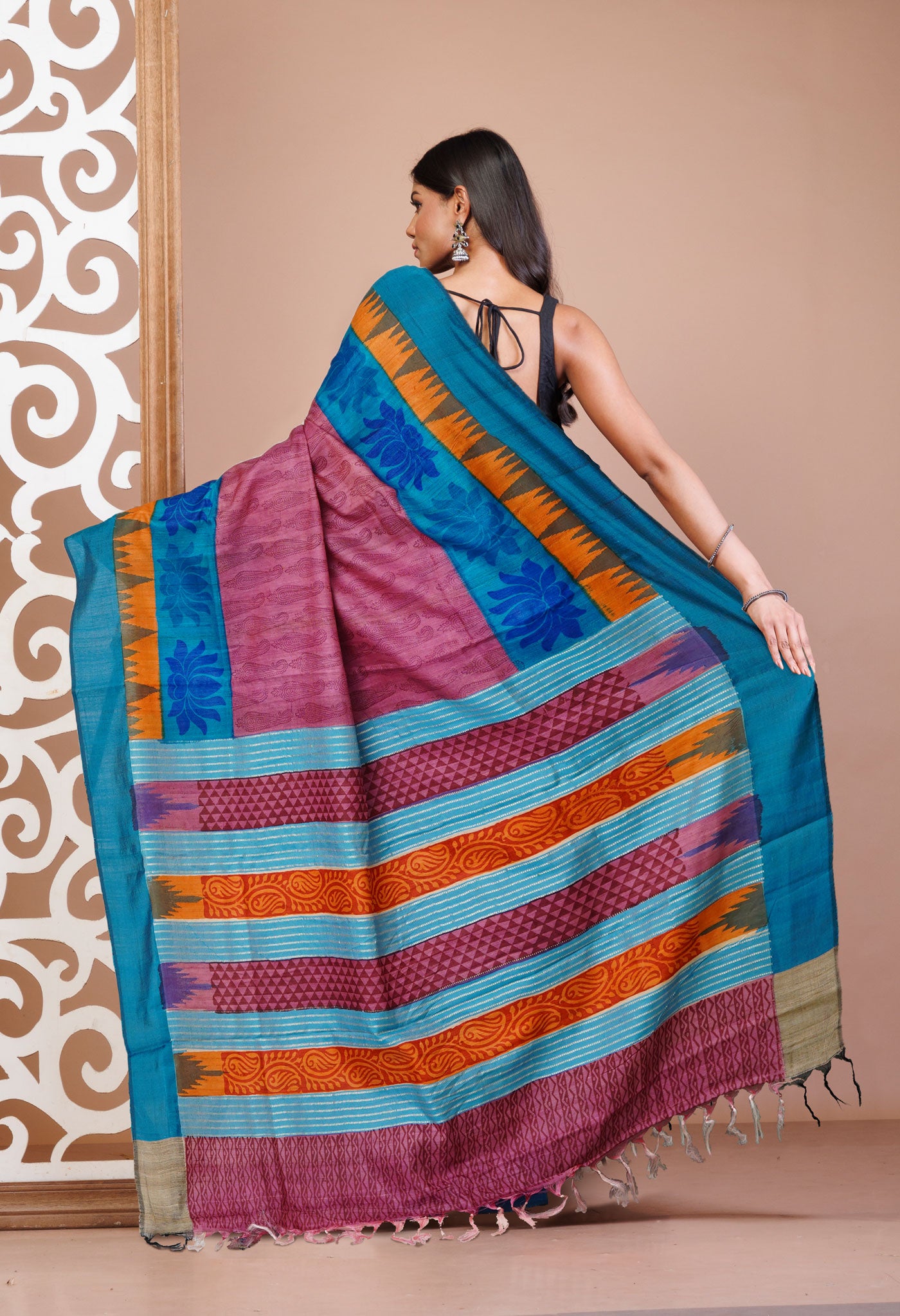 Pink Pure Handloom Printed Vidarbha Tussar Silk Saree-UNM75235