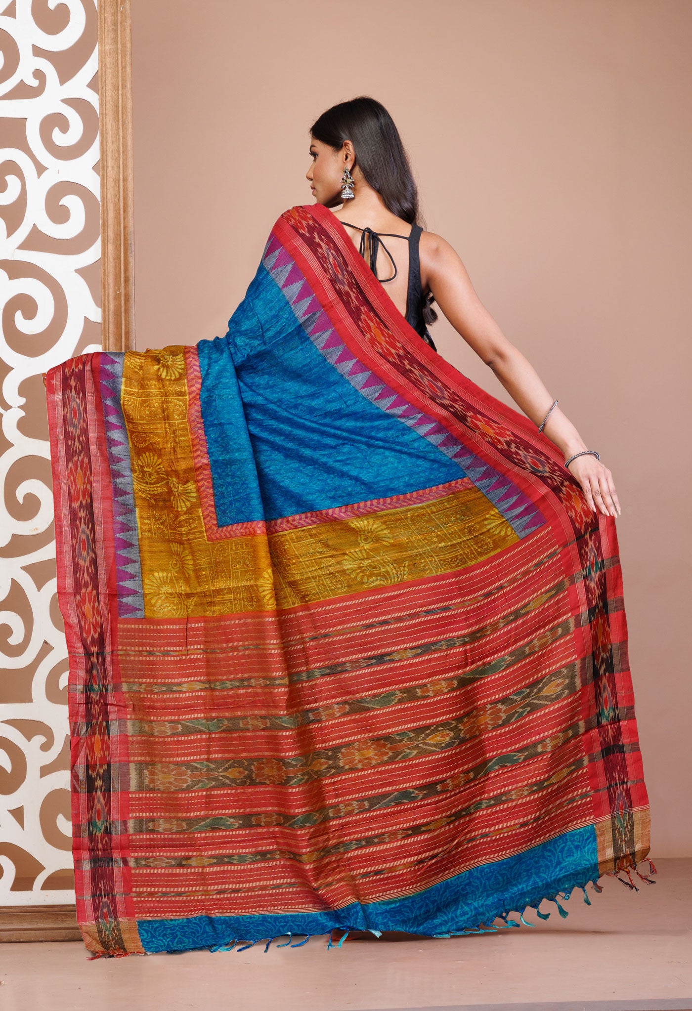 Blue Pure Handloom Printed Vidarbha Tussar Silk Saree-UNM75242