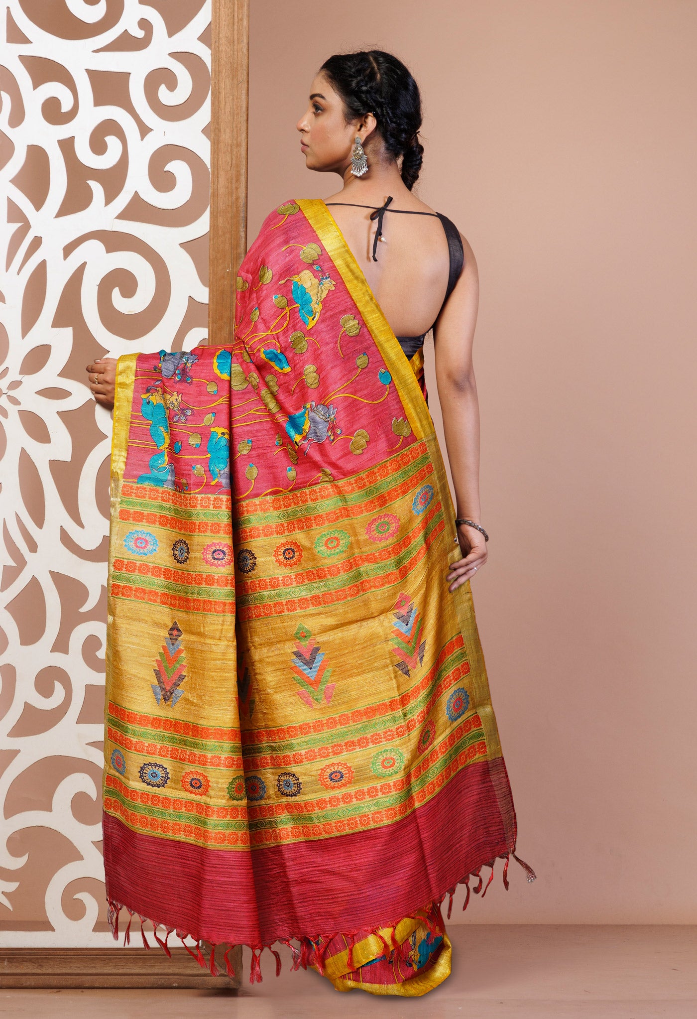 Pink Pure Handloom Printed Vidarbha Tussar Silk Saree-UNM75252