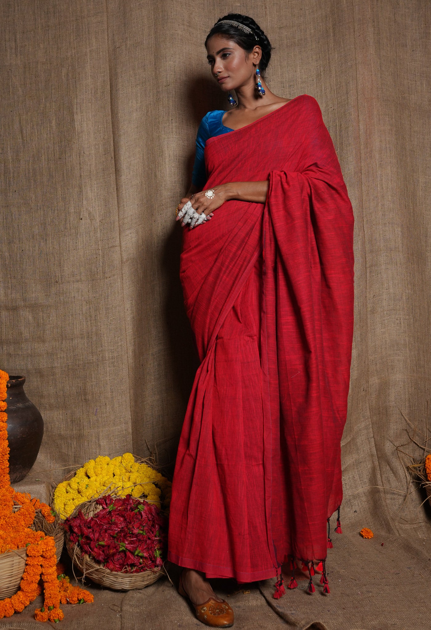 Red Linen saree with blouse with zari border - Kihums handloom - 3262246