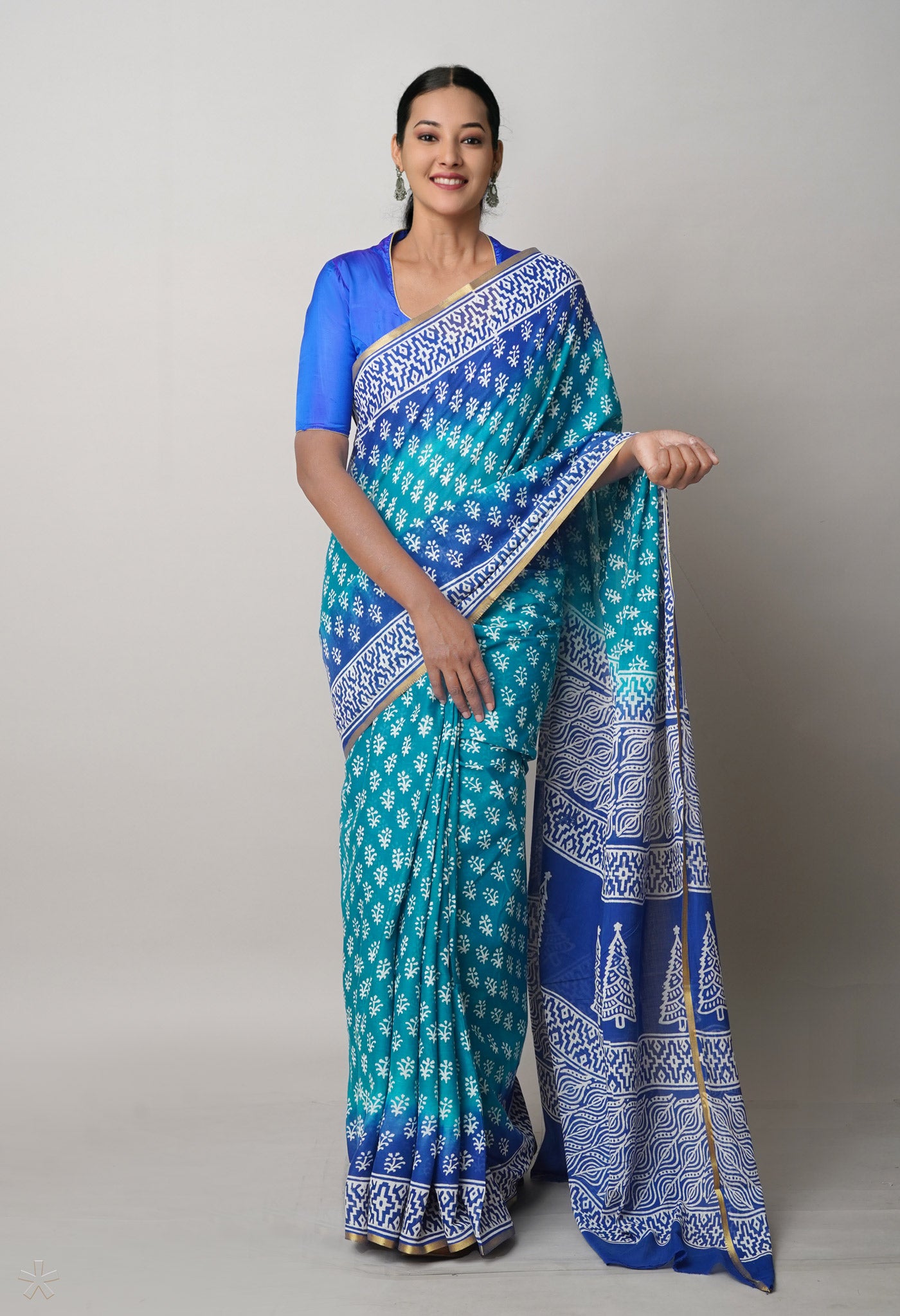 Green-Blue Pure Contrast Dye Discharge Hand Block Printed Superfine Mulmul Cotton Saree