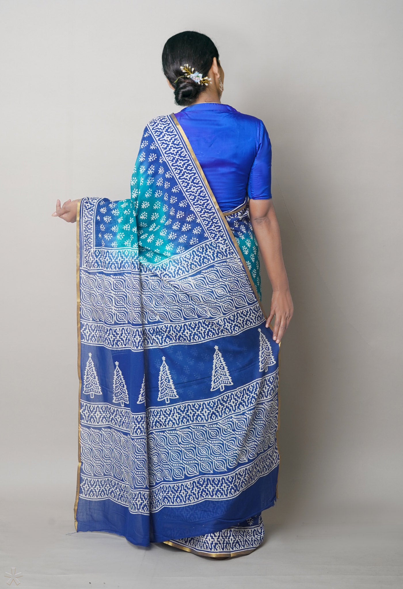 Green-Blue Pure Contrast Dye Discharge Hand Block Printed Superfine Mulmul Cotton Saree