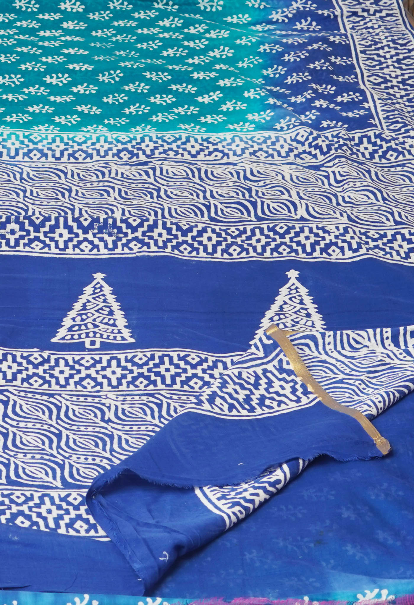 Green-Blue Pure Contrast Dye Discharge Hand Block Printed Superfine Mulmul Cotton Saree