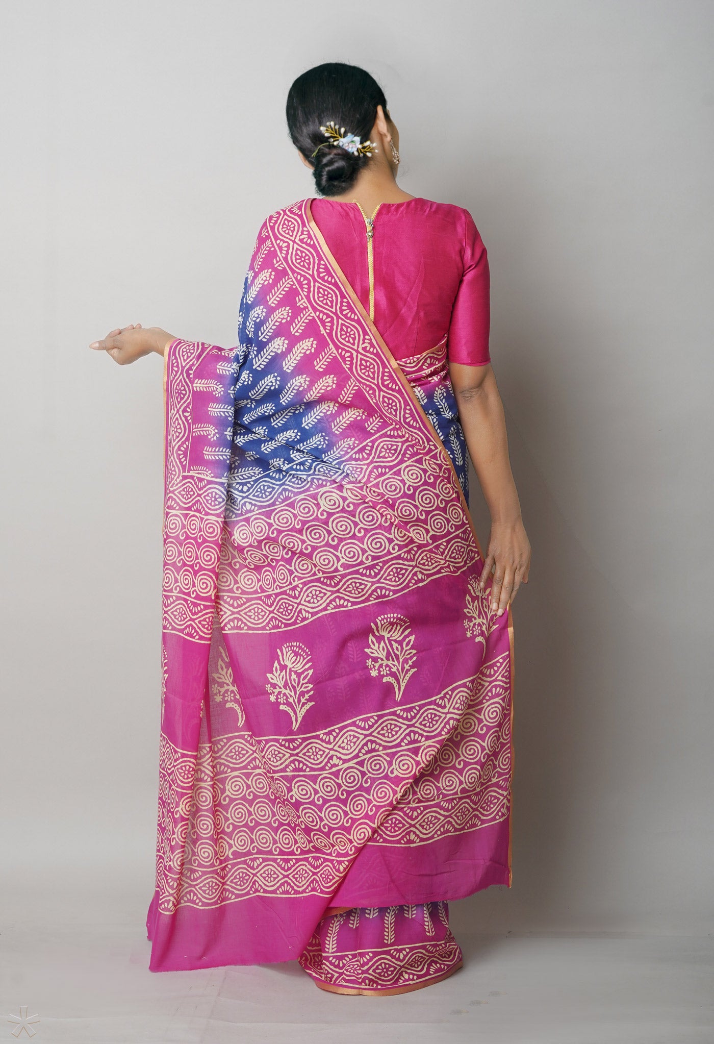 Blue-Pink Pure Contrast Dye Discharge Hand Block Printed Superfine Mulmul Cotton Saree