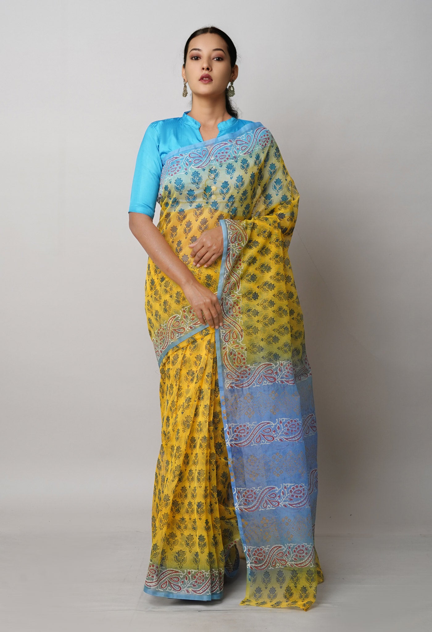 Buy Yellow Block Printed Meghalaya Supernet Saree-UNM75320 Online at ...