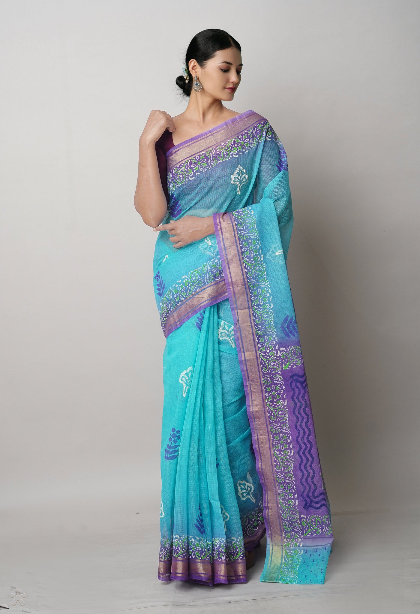 Turquoise Blue Pure  Block Printed Kota Cotton Saree-UNM75330