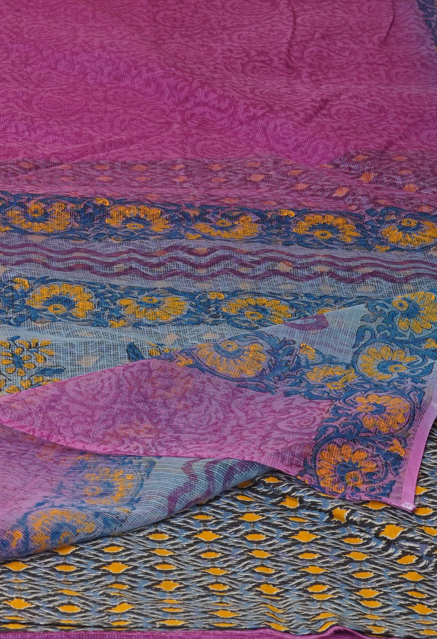 Pink Pure Block Printed Kota Cotton Saree With Cotton Printed Blouse Piece