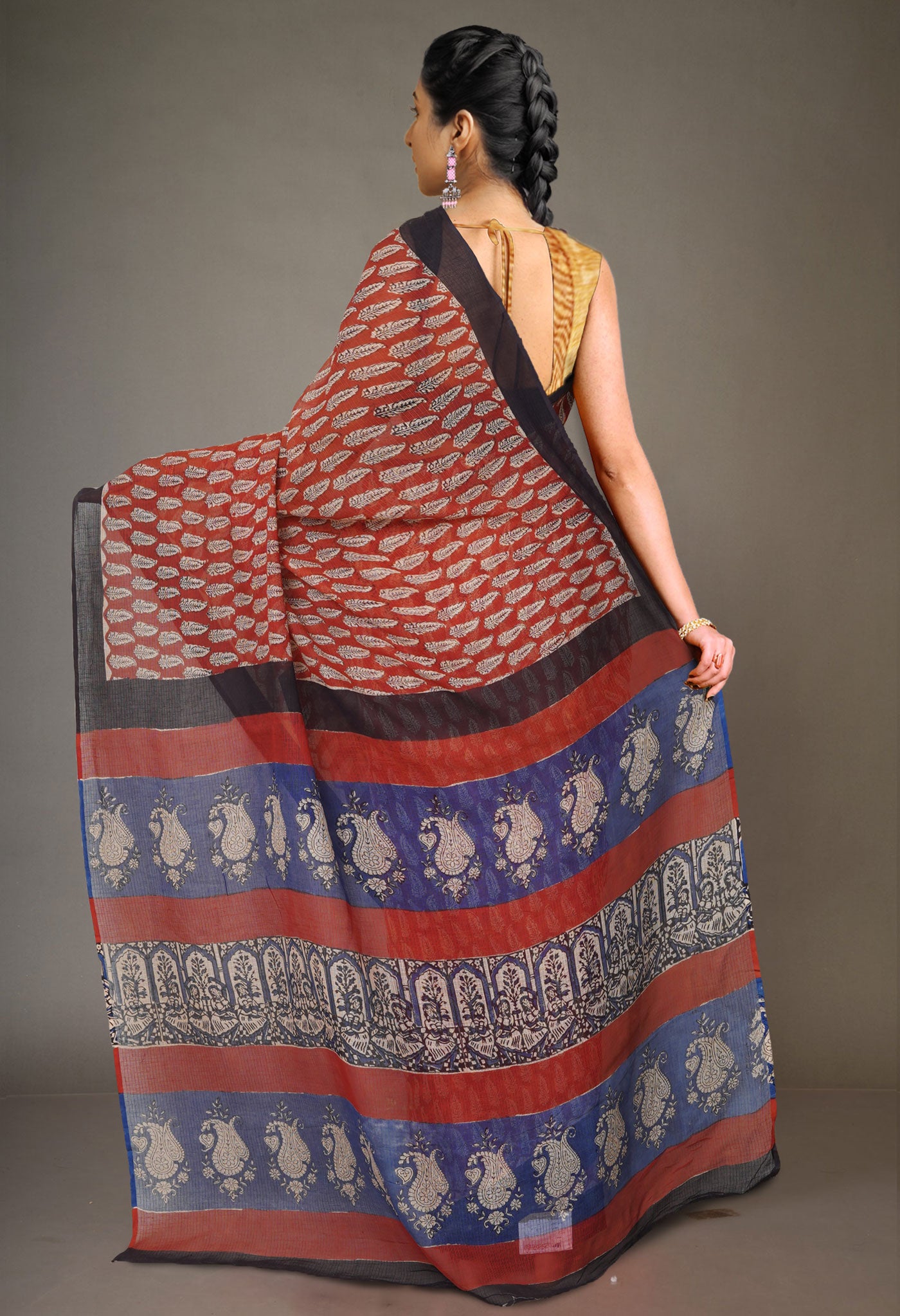 Red Pure Bagru Printed Kota Cotton Saree-UNM75407