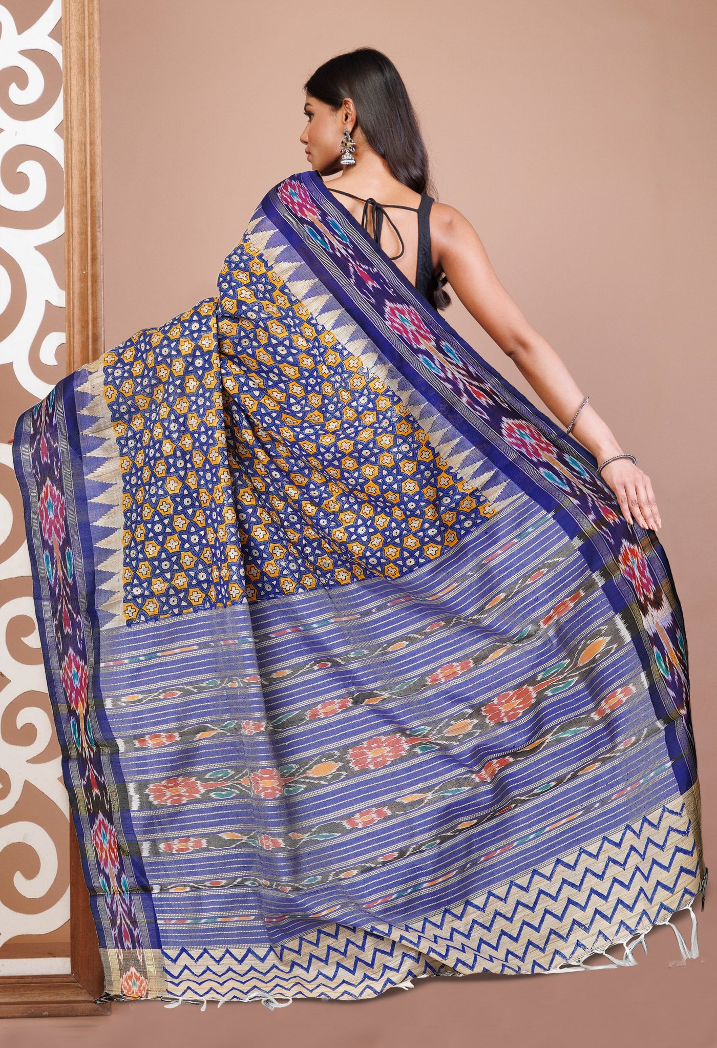 Yellow-Blue Pure Handloom Hand Block Printed Vidarbha Tussar Silk Saree-UNM75424