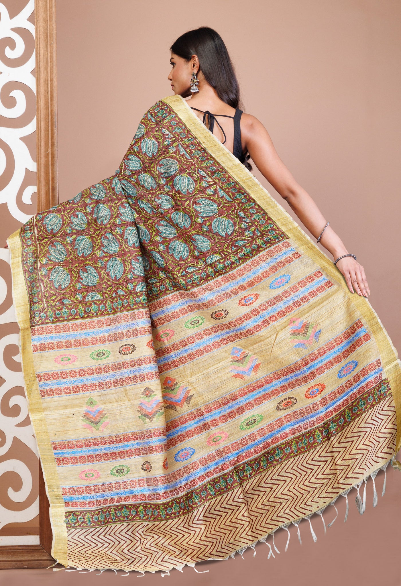 Brown Pure Handloom Hand Block Printed Vidarbha Tussar Silk Saree-UNM75427